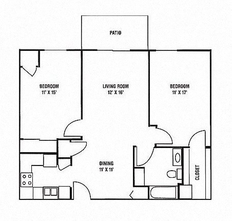 Floor plan for 2 beds, 1 bath, 886 sqft